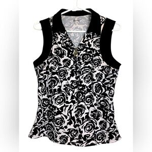 Swing Golf Shirt,Sleeveless, Stretchy, Front Zipper, White w Black Roses, Trim